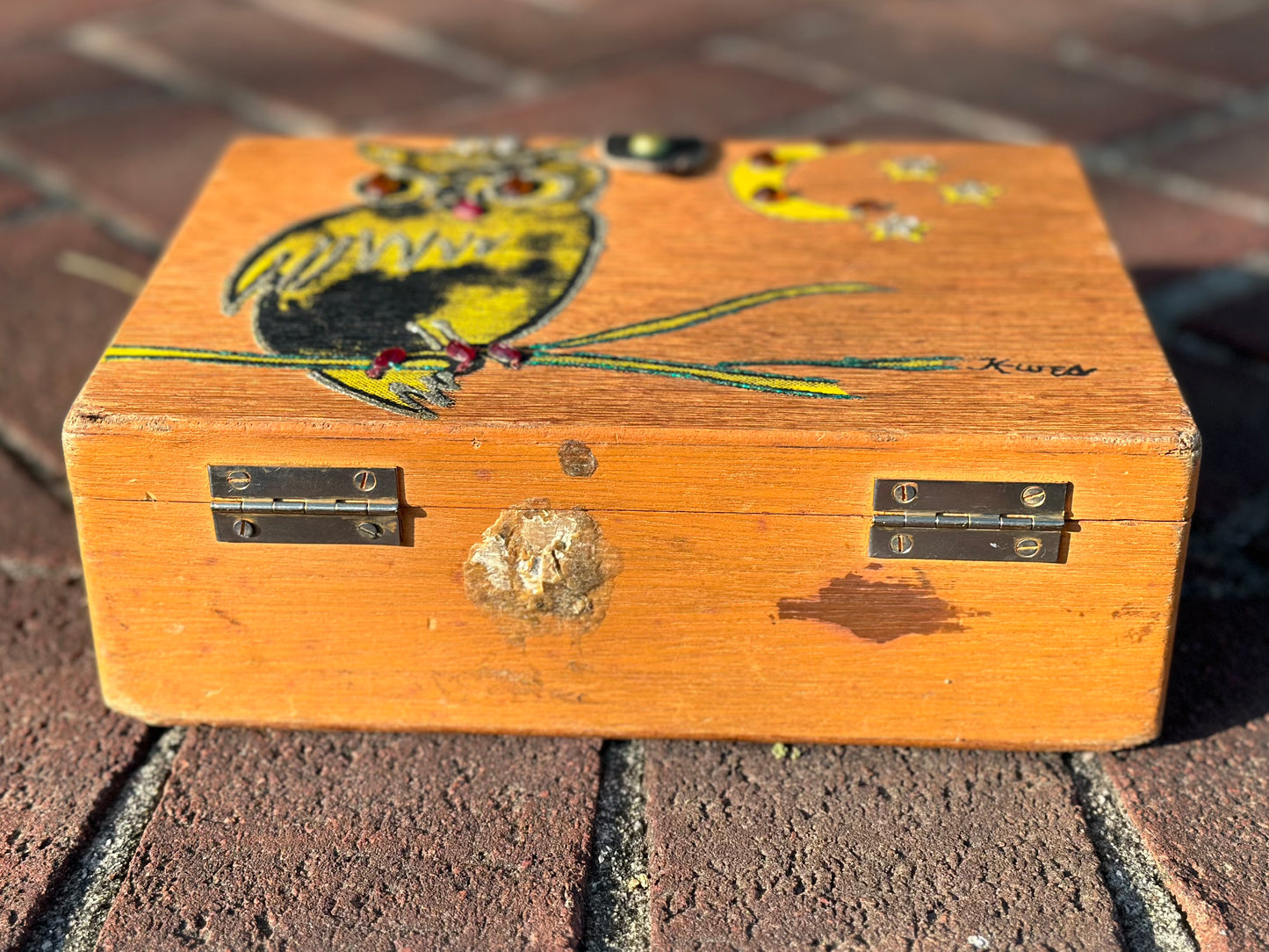 1960s K-Wes Wooden Box Bag Purse, Hand Painted Owl with Jewels