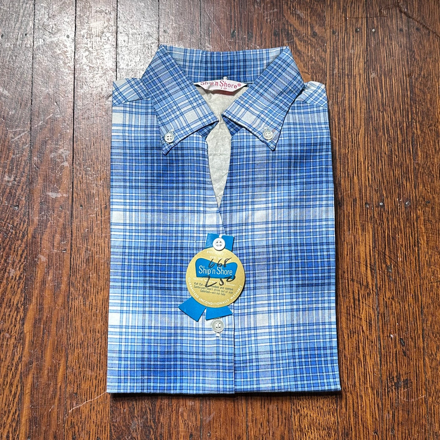 1950s Blue Plaid Ship 'n Shore Blouse, Deadstock with Tag, Size XS