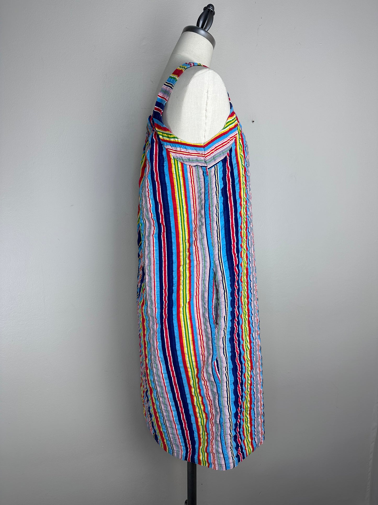 1970s Rainbow Stripe Seersucker Dress, Size Small, Sleeveless Sundress