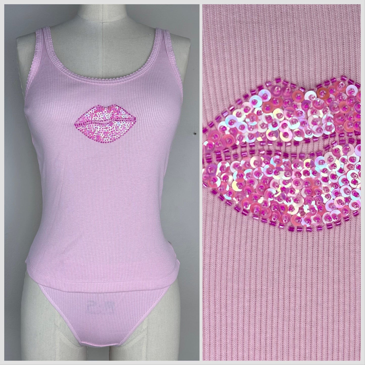 Y2K Victoria’s Secret Ribbed Cotton Lingerie with Sequin Lips, Tank Top and Bikini Panties, Size XS, Deadstock with Tags
