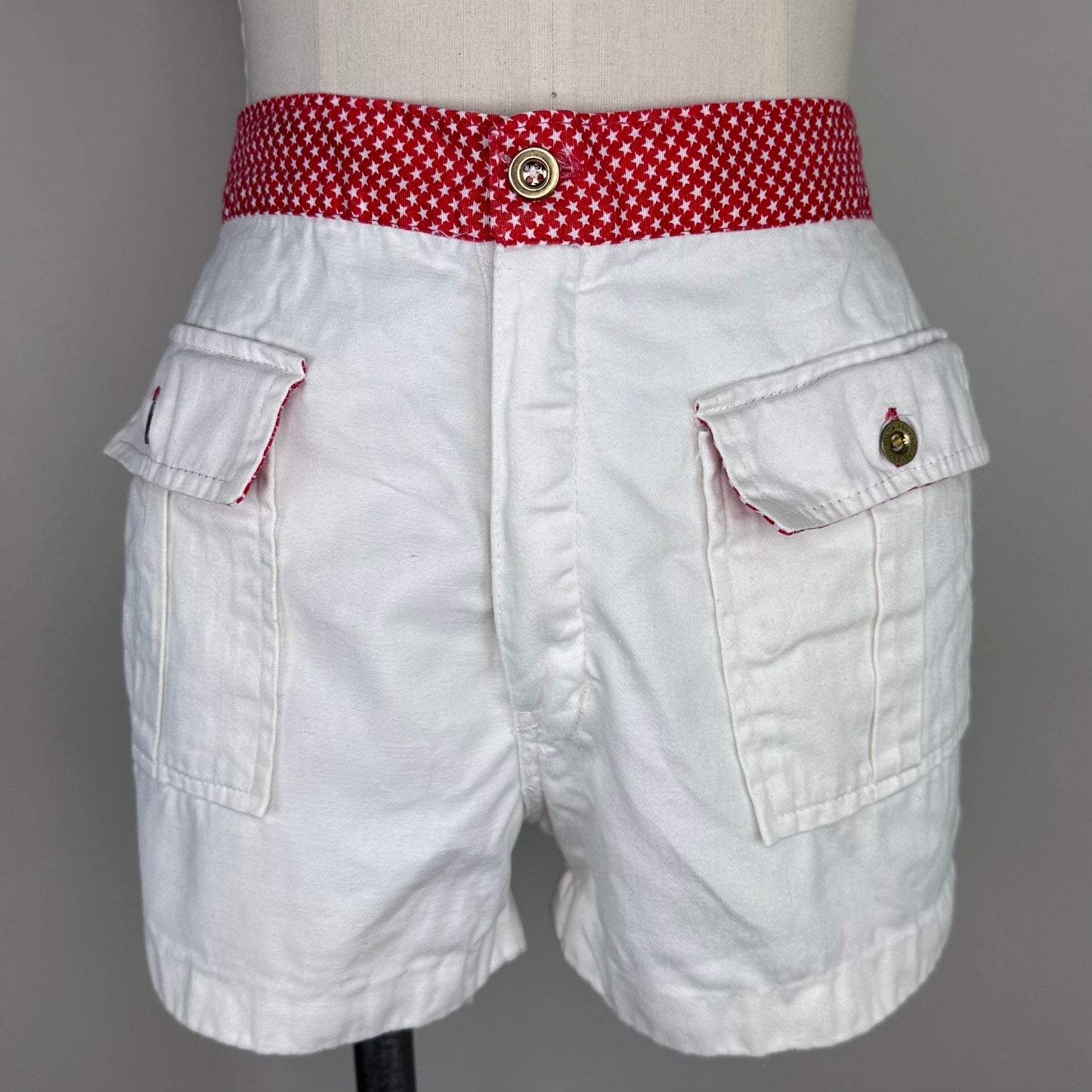 1970s White Shorts with Red Star Print Waistband, 29.5" waist