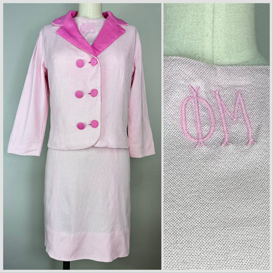 1960s Phi Mu Sorority Pastel Pink Suit, Dress and Jacket, Size XS