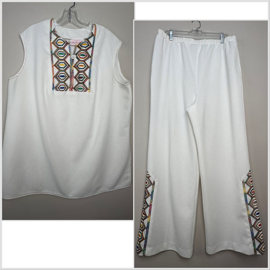 1970s Rainbow Embroidered Sleeveless Top and Pants, Lady West Set 1X Plus Size