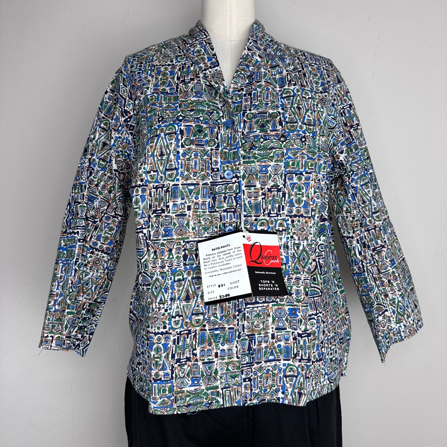 1950s/60s Batik Print Blouse, Deadstock with Tags, Queen Casuals Size Medium