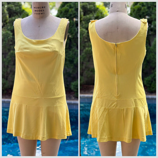 1970s Yellow Two Piece Swimsuit, Sand Castle Size Medium, Mini Dress with Bloomers