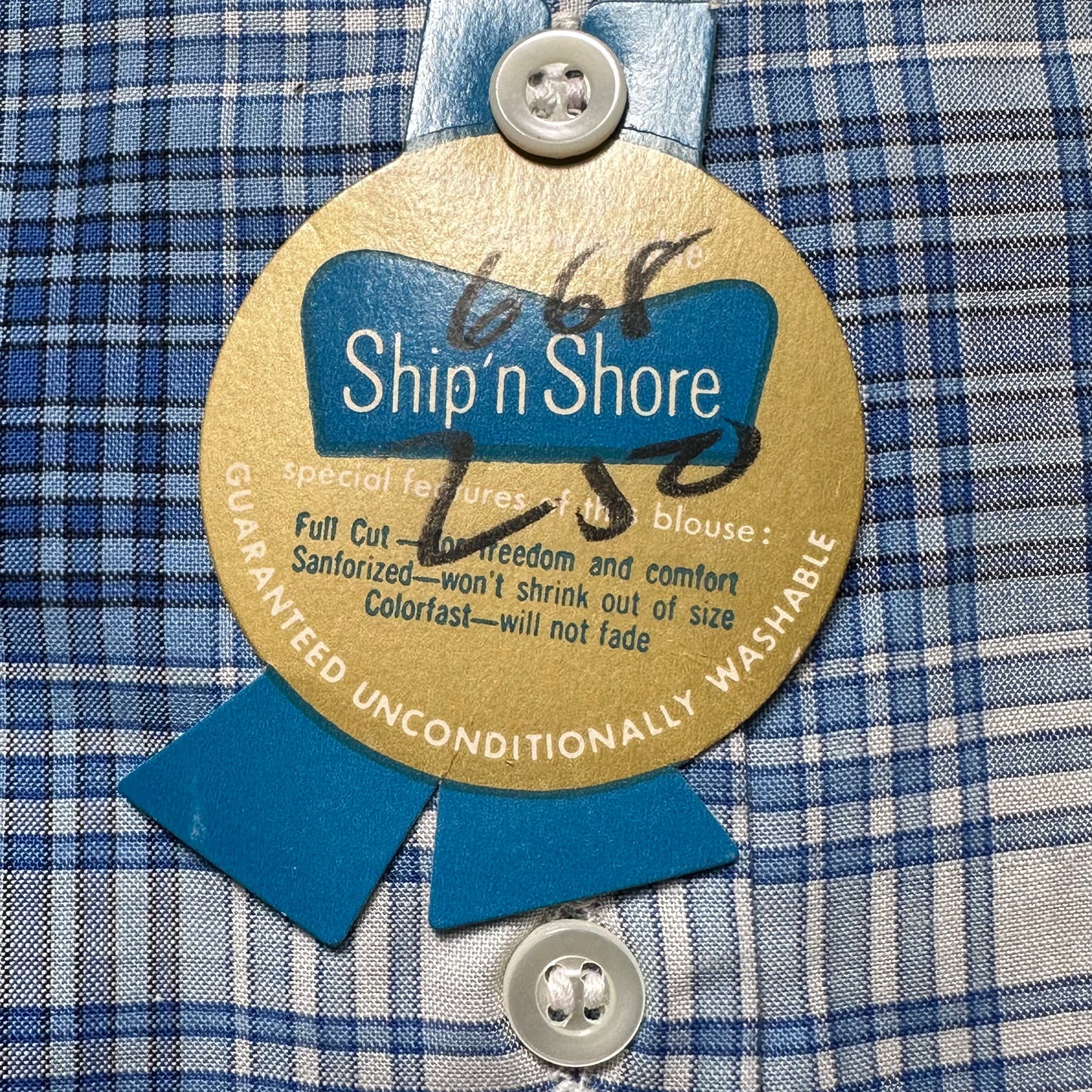1950s Blue Plaid Ship 'n Shore Blouse, Deadstock with Tag, Size XS