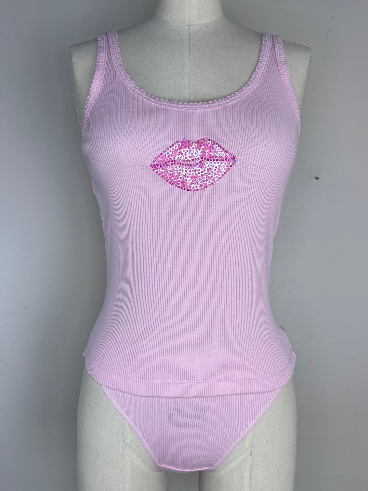 Y2K Victoria’s Secret Ribbed Cotton Lingerie with Sequin Lips, Tank Top and Bikini Panties, Size XS, Deadstock with Tags