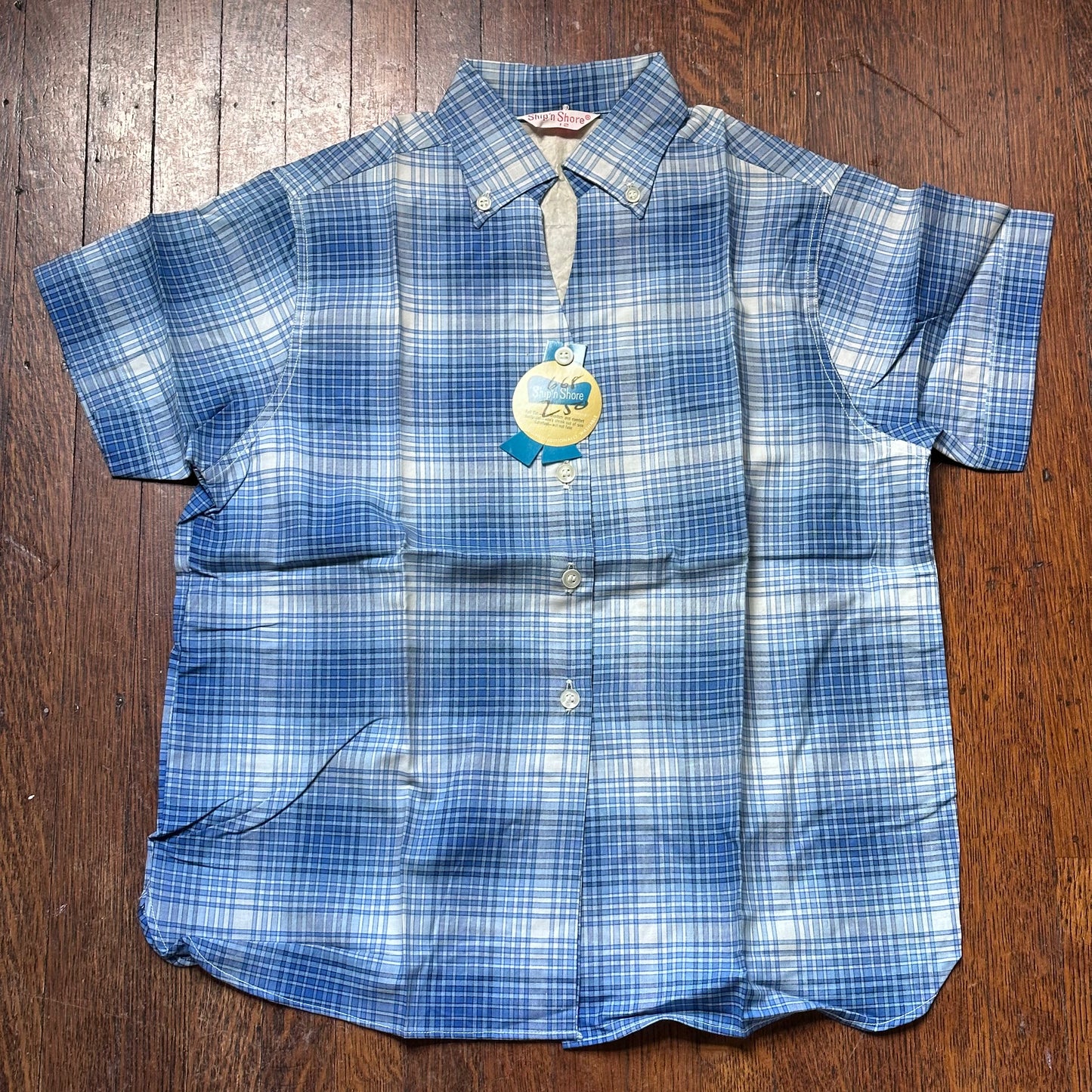 1950s Blue Plaid Ship 'n Shore Blouse, Deadstock with Tag, Size XS