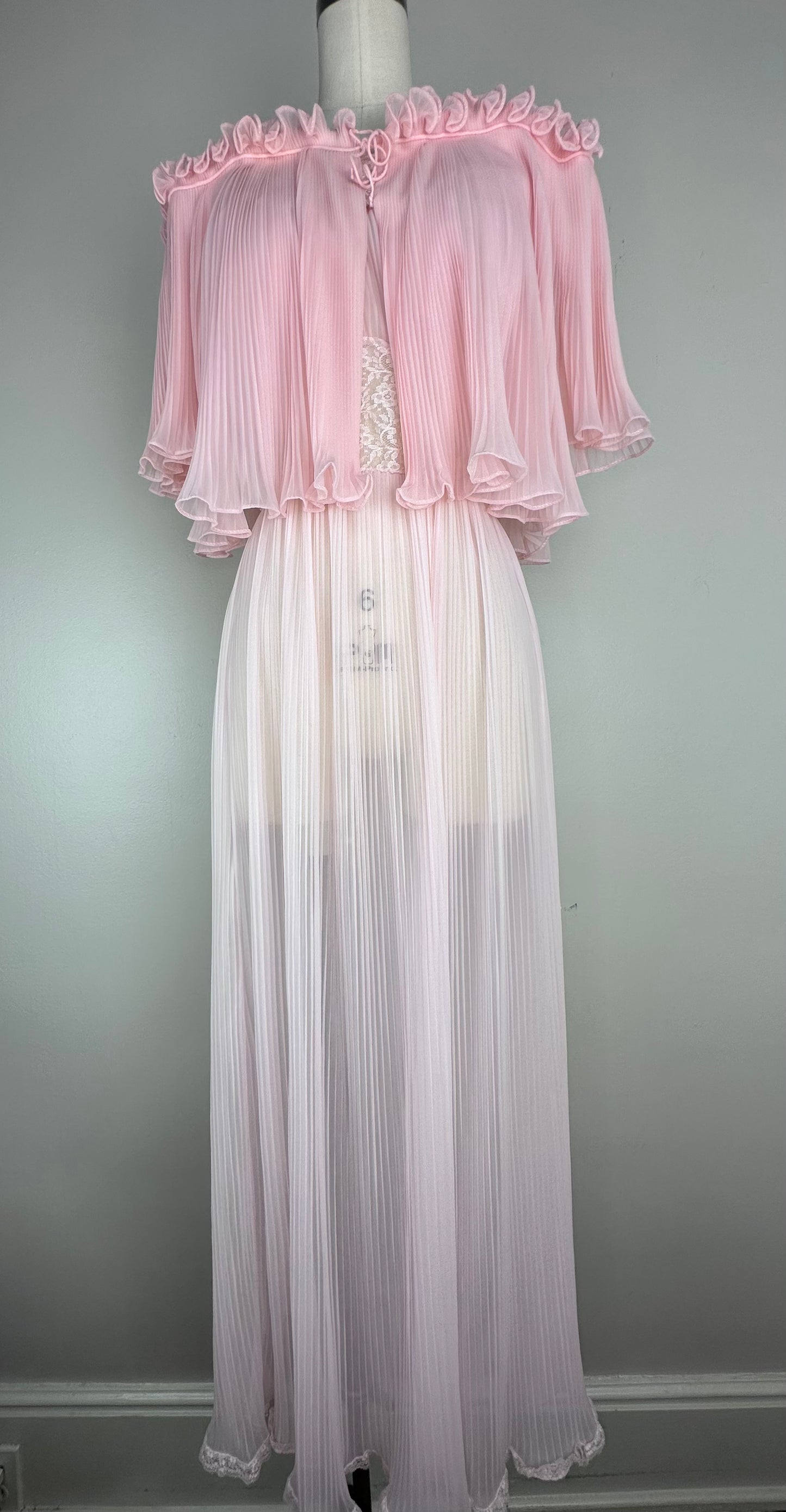 1950s Sheer Pastel Pink Pleated Nightgown with Lace, Evette Size Small, Run-Proof Nylon Lingerie