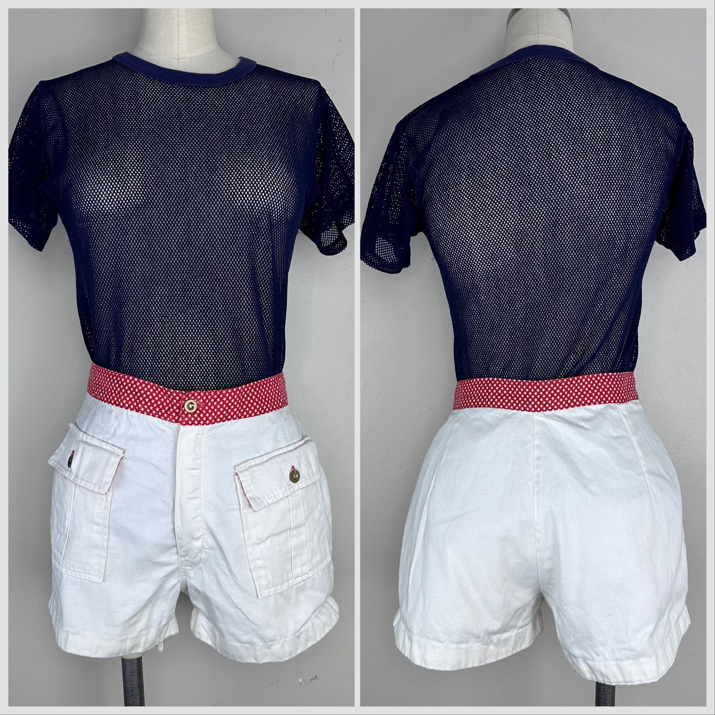 1970s White Shorts with Red Star Print Waistband, 29.5" waist