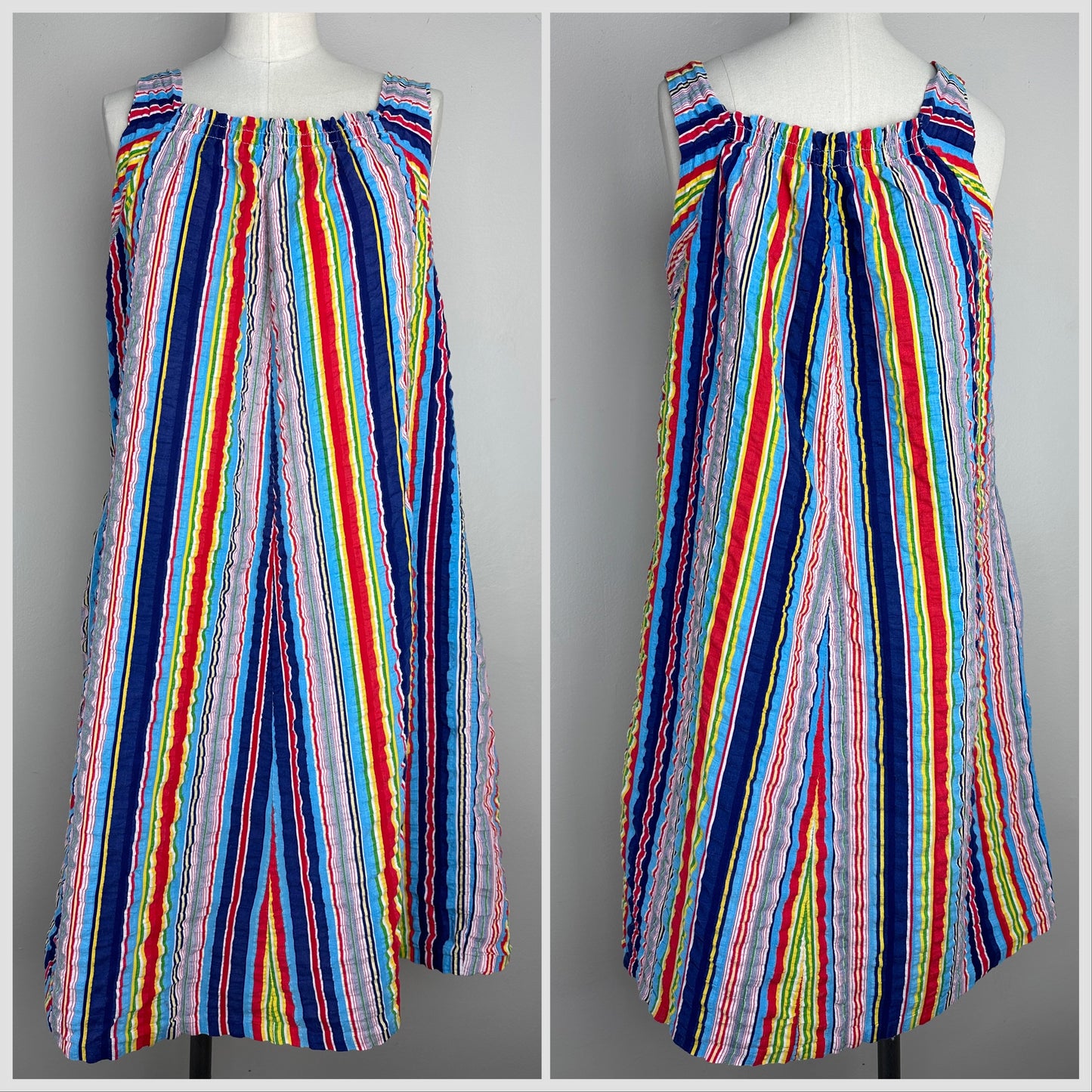1970s Rainbow Stripe Seersucker Dress, Size Small, Sleeveless Sundress