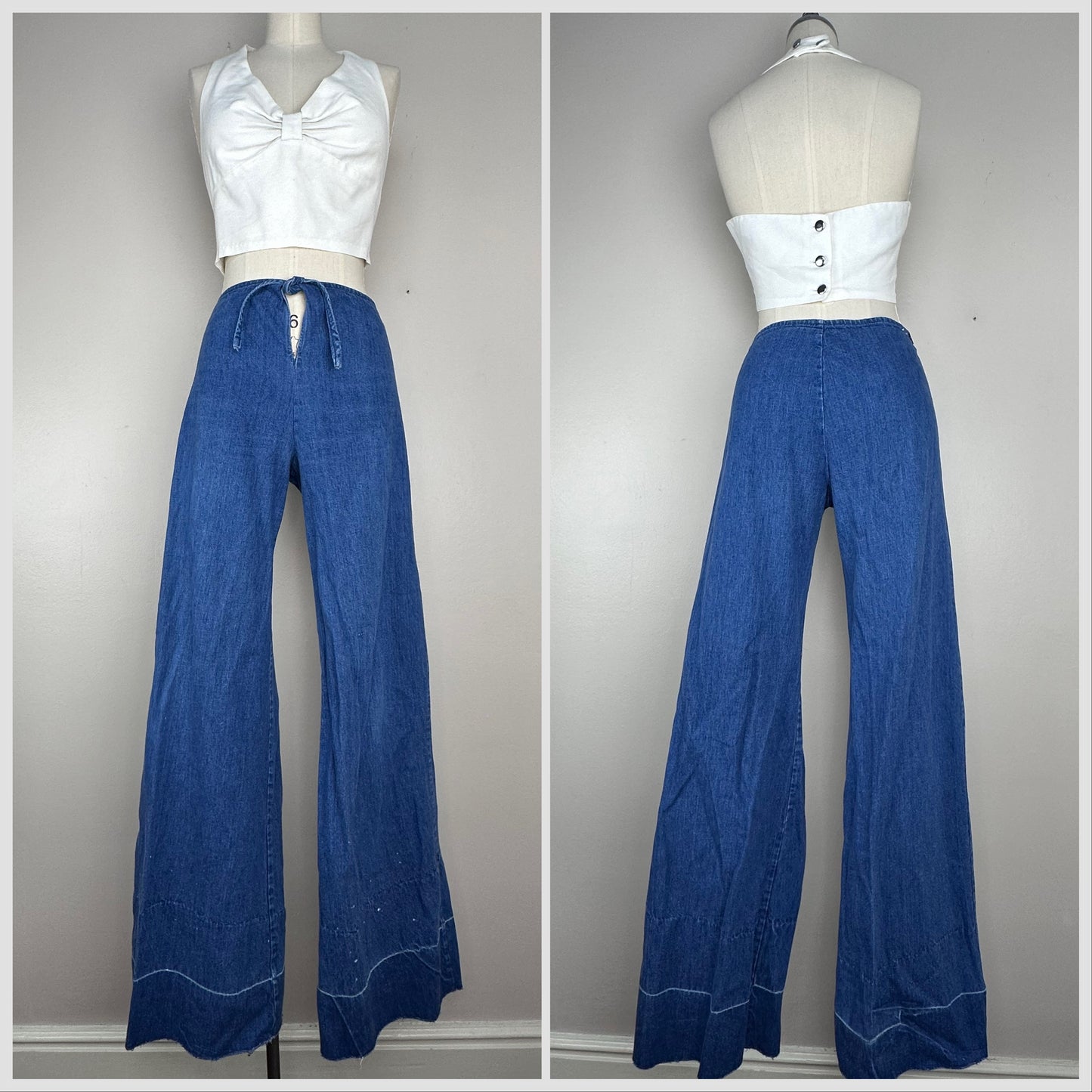 1970s Bell Bottom Jeans, Tie Waist, Cheap Jeans 30.5"x34"