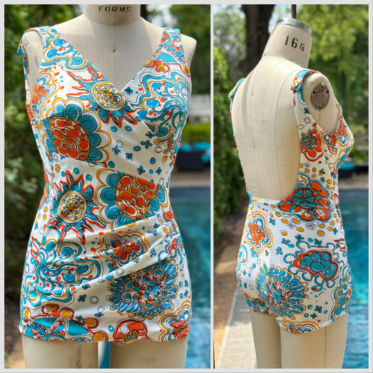1960s Psychedelic Floral Swimsuit, Perfection Fit by Roxanne, Size XS-Small with C Cup