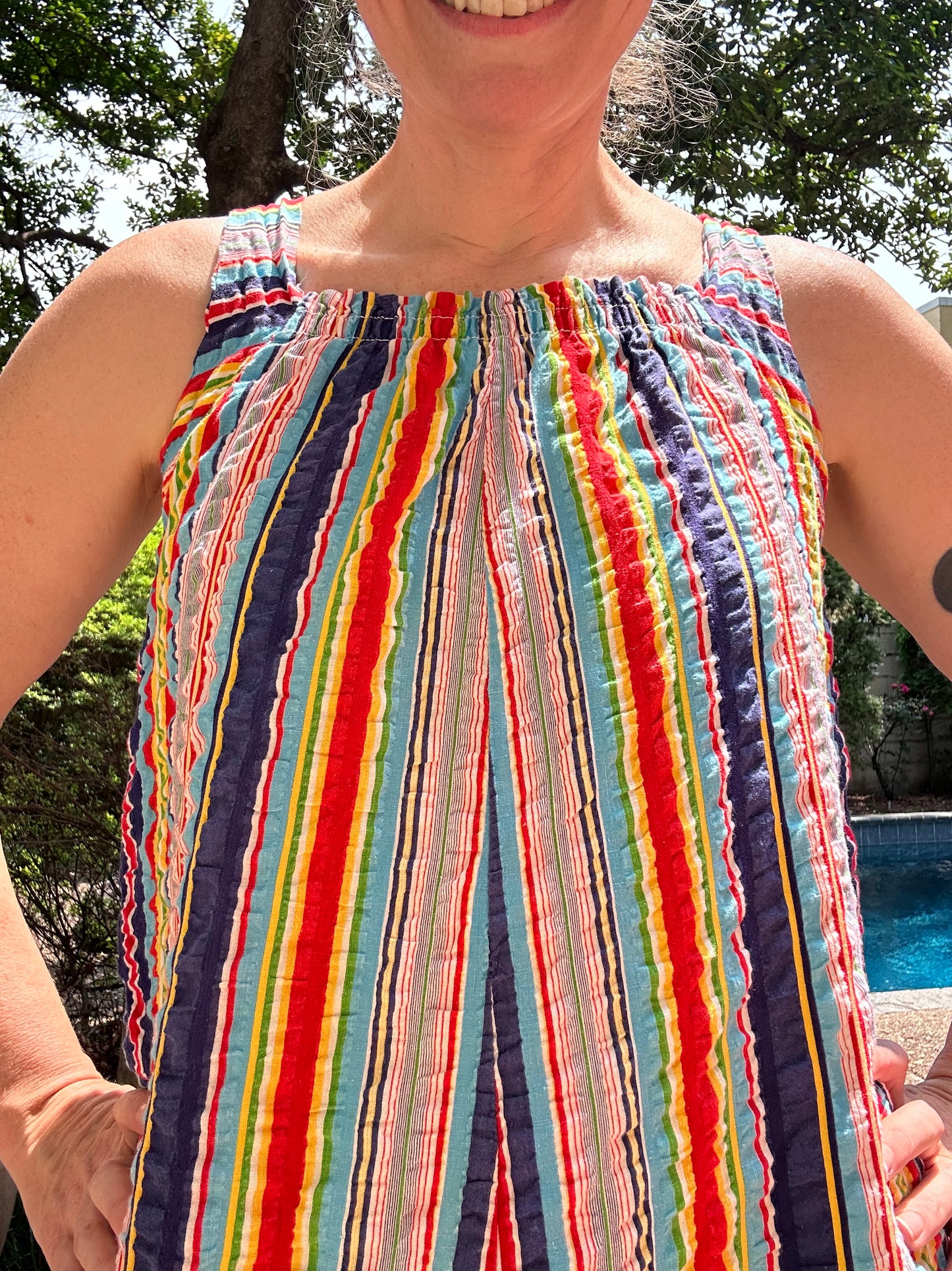 1970s Rainbow Stripe Seersucker Dress, Size Small, Sleeveless Sundress