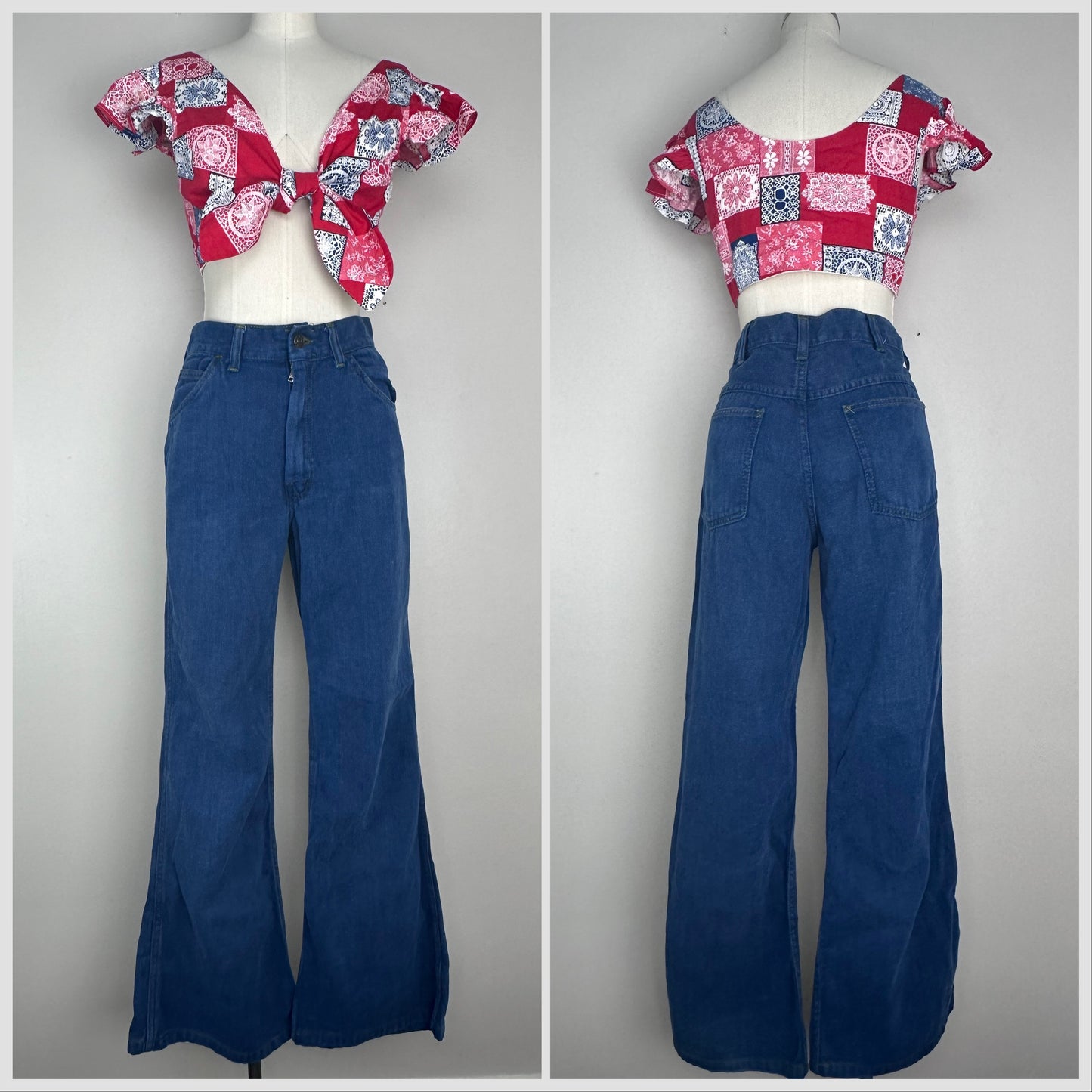 1970s Cropped Tie Front Blouse, California Things, Red Lace Patchwork Print