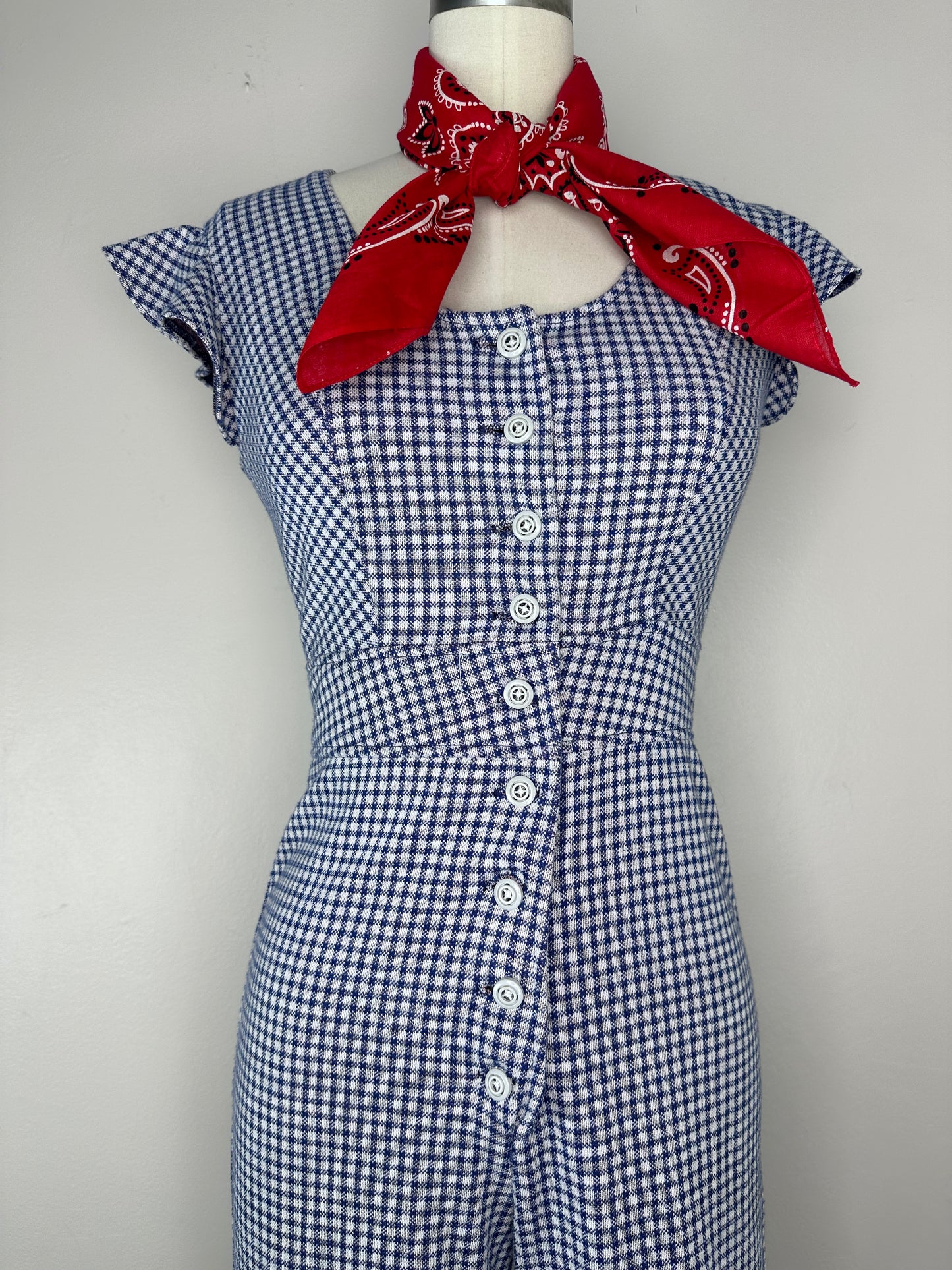 1970s Double Knit Navy Blue Gingham Jumpsuit, Size XS/S