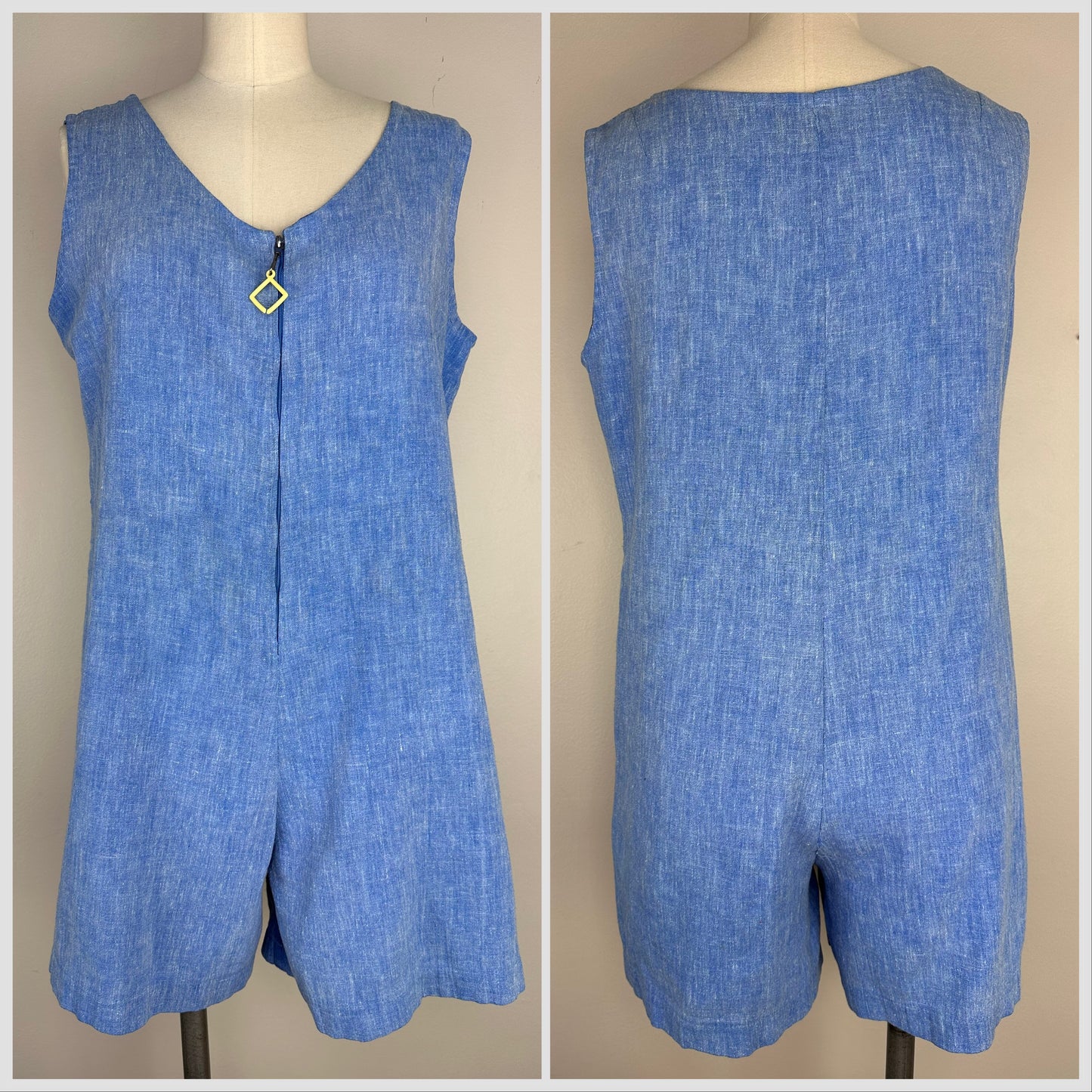 1960s Sleeveless Chambray Romper, Size Medium, Zip front