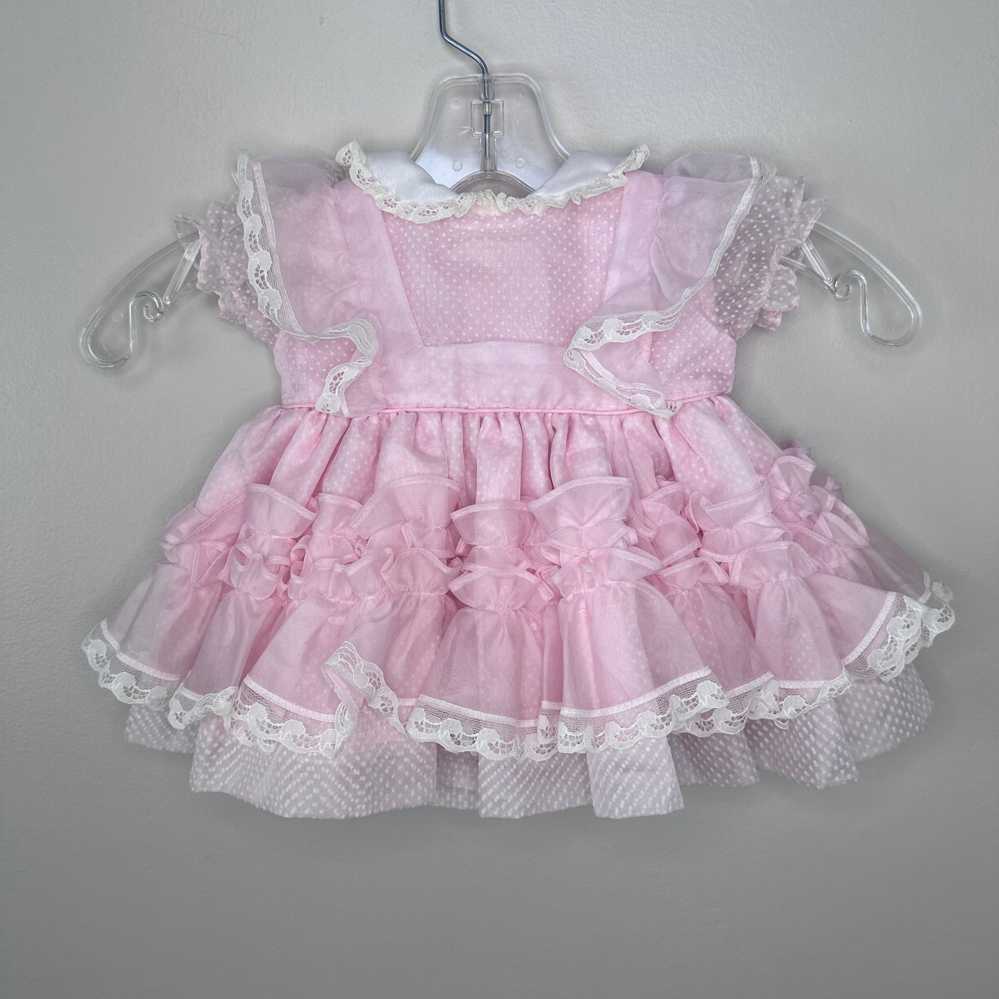 1970s/80s Pastel Pink Sheer Swiss Dot Pinafore Baby Dress, Full Circle Skirt, Size 3-6m