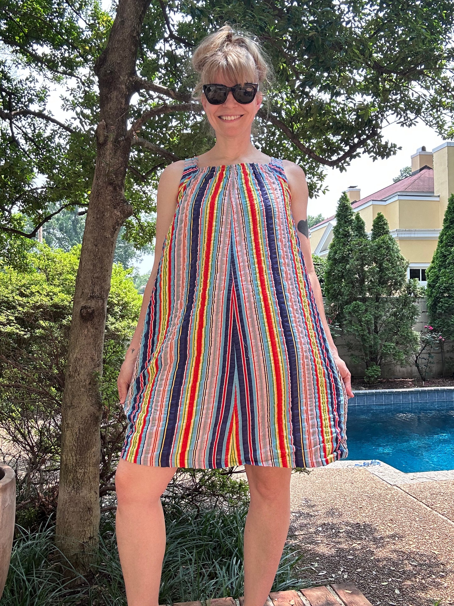 1970s Rainbow Stripe Seersucker Dress, Size Small, Sleeveless Sundress