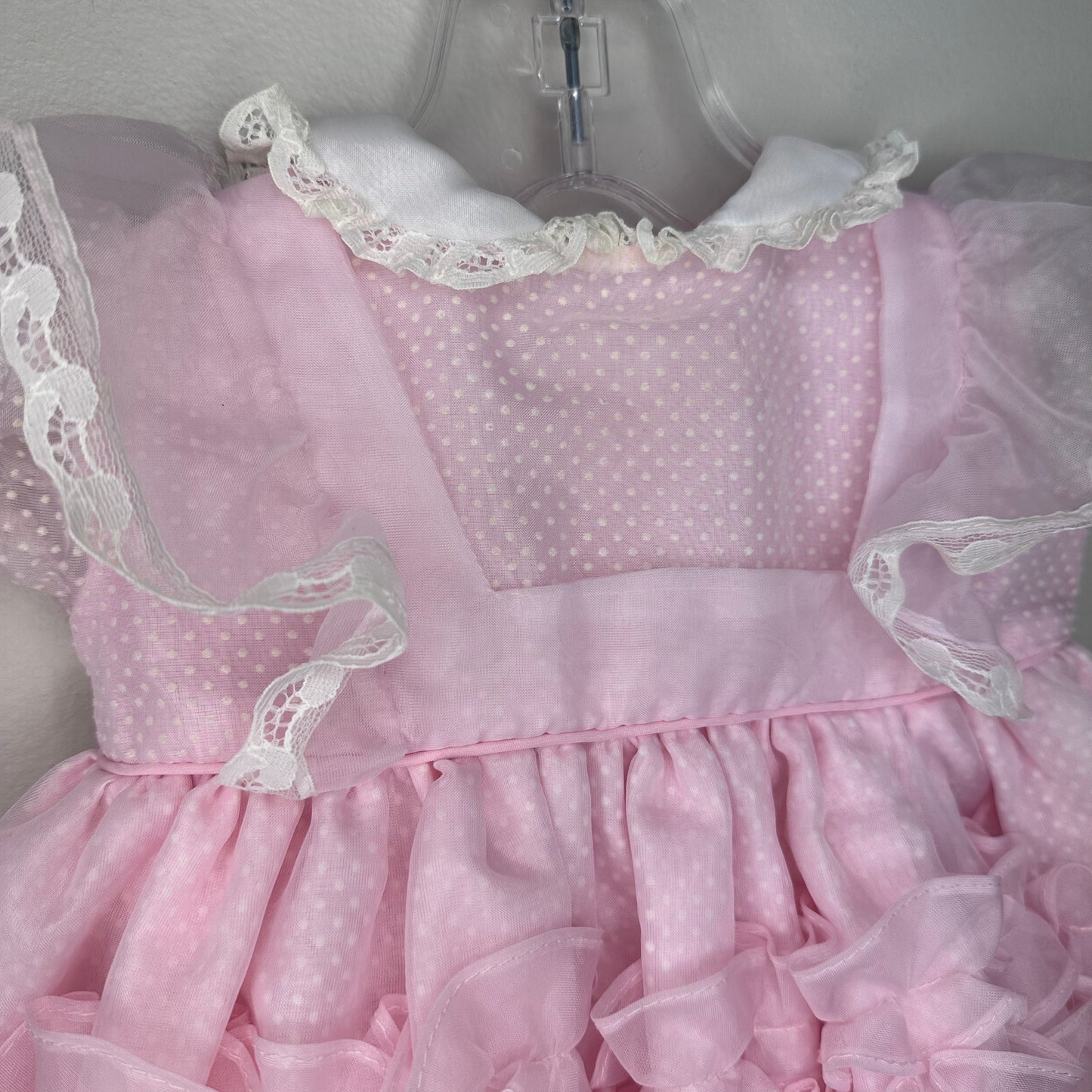 1970s/80s Pastel Pink Sheer Swiss Dot Pinafore Baby Dress, Full Circle Skirt, Size 3-6m