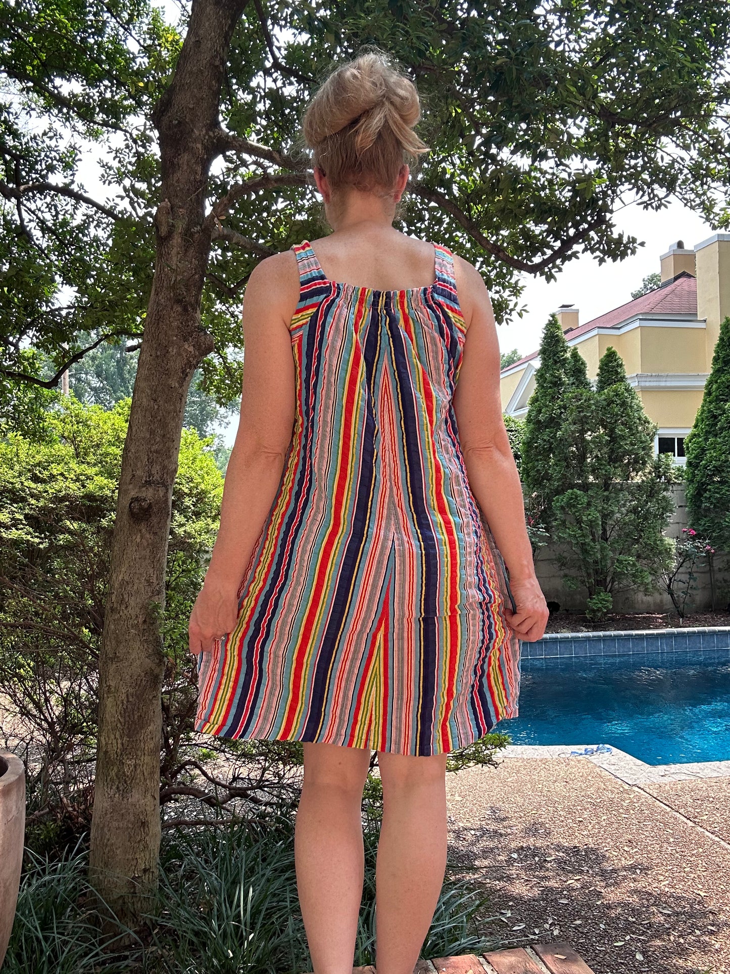 1970s Rainbow Stripe Seersucker Dress, Size Small, Sleeveless Sundress