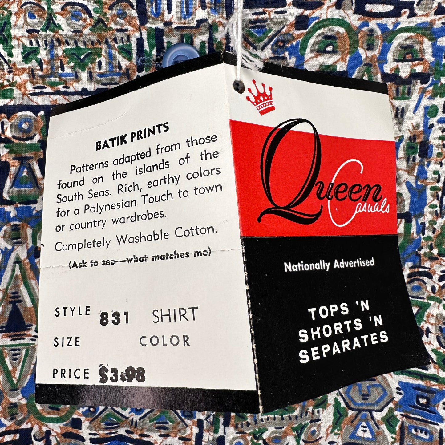 1950s/60s Batik Print Blouse, Deadstock with Tags, Queen Casuals Size Medium