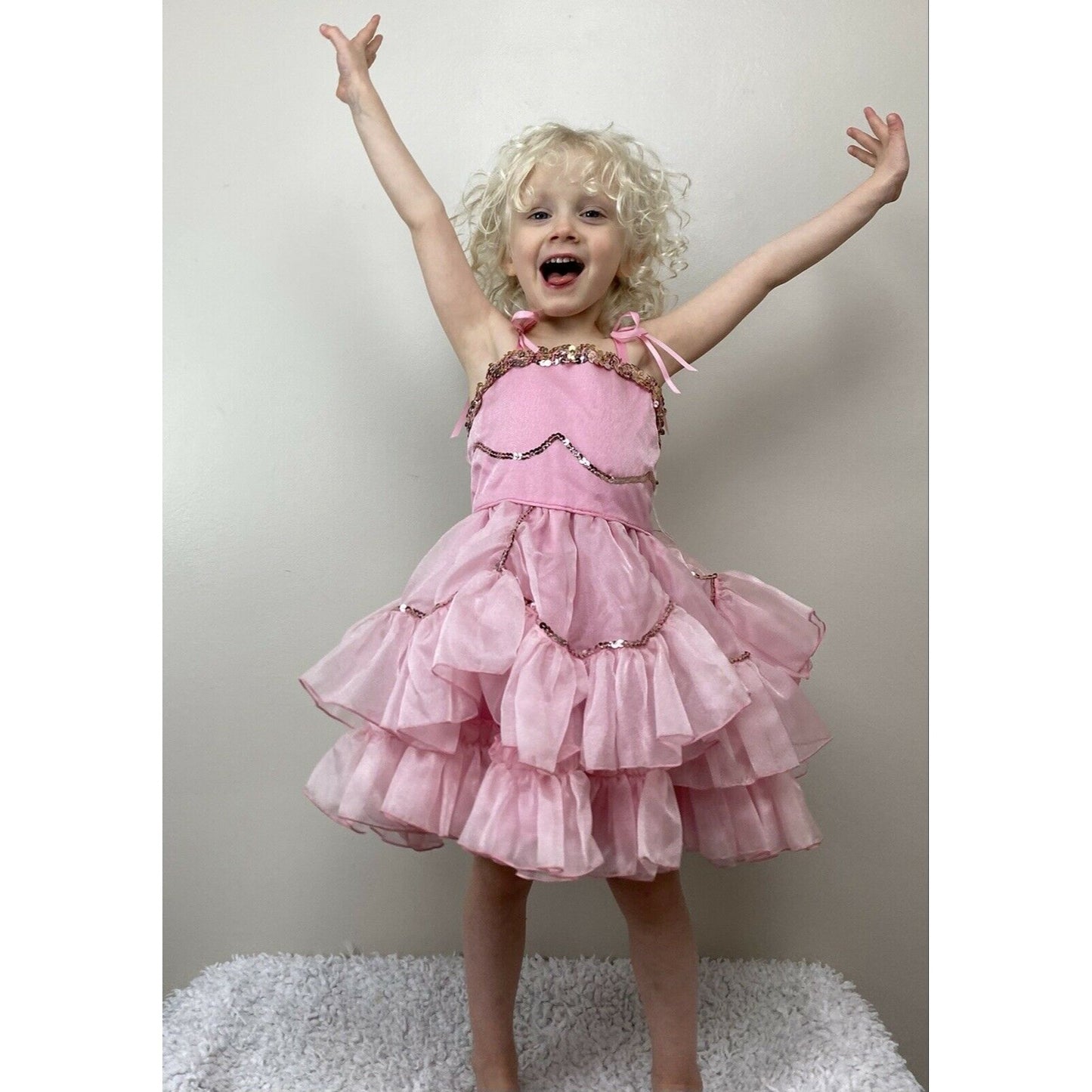 Vintage Girls Pink Pageant Dress, Feisty Size 4, Full Circle Skirt, Ruffles, Frilly, Sequins