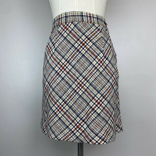1970s Plaid A-Line Wool Mini Skirt, Size XS, 24.5” Waist
