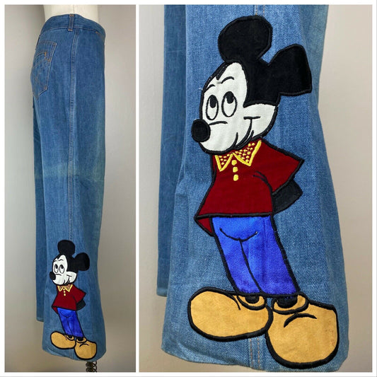 1970s Mickey Mouse Blue Jeans, 36" x 28", Walt Disney Productions, 70s Denim with Appliqué