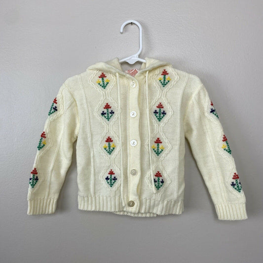 1970s Embroidered Hooded Cardigan Sweater, Kids Size 2/3, Youth Park, 70s Boho, Floral Embroidery