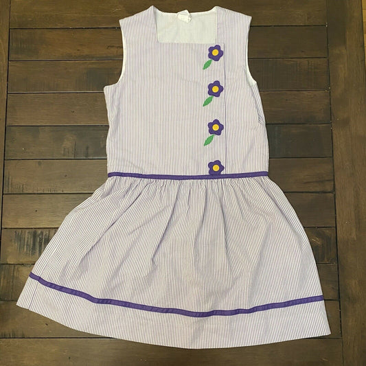 1970/80s Youngland Purple Seersucker Dress, Girls Size 12, Flower Appliqué
