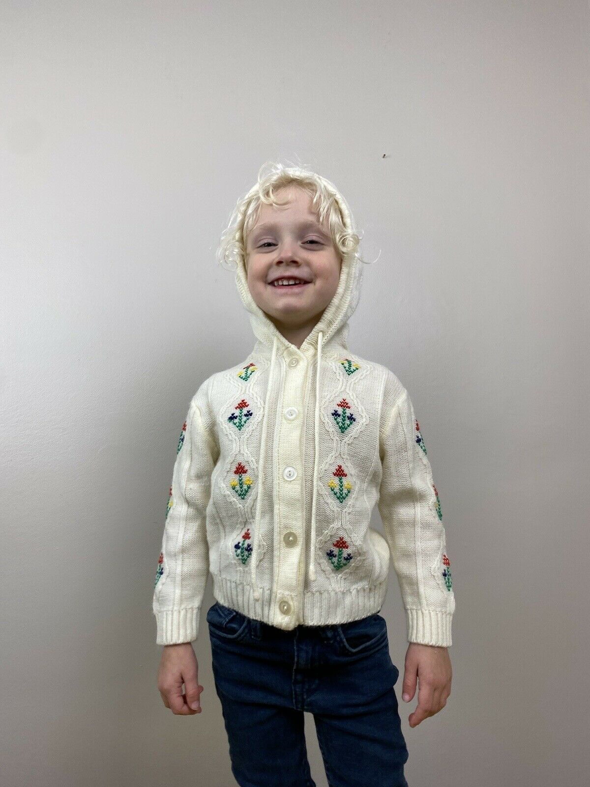 1970s Embroidered Hooded Cardigan Sweater, Kids Size 2/3, Youth Park, 70s Boho, Floral Embroidery