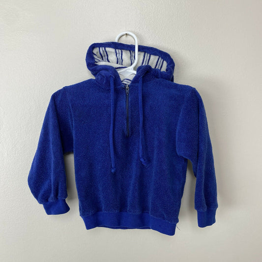 1960s/70s Terry Cloth Quarter Zip Hooded Sweatshirt, Kids Size 2/3, Blue Hoodie, Stripe Lining
