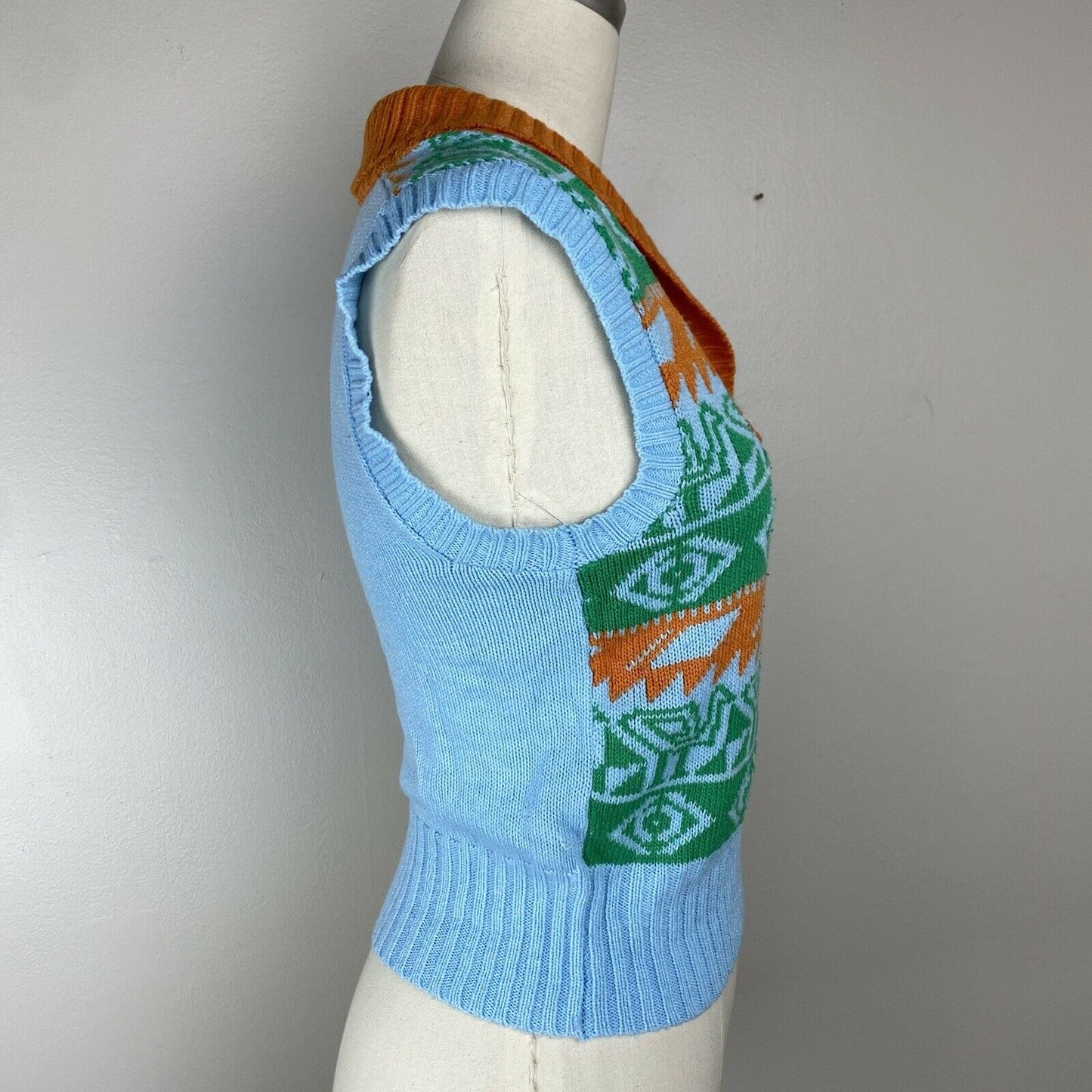 1970s Hieroglyph Inspired Sweater Vest, Size XS/S, Novelty Knit, Shawl Collar