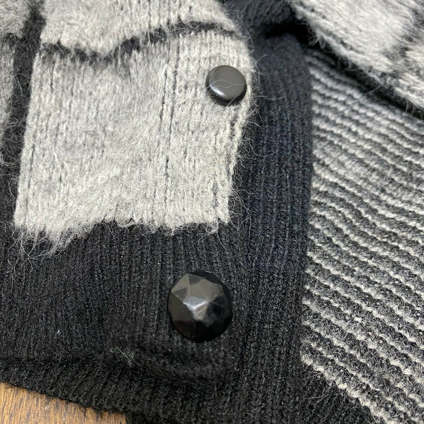 1960s Fuzzy Men's Cardigan Sweater, Size S/M, Black & Grey Grid, Mohair Style