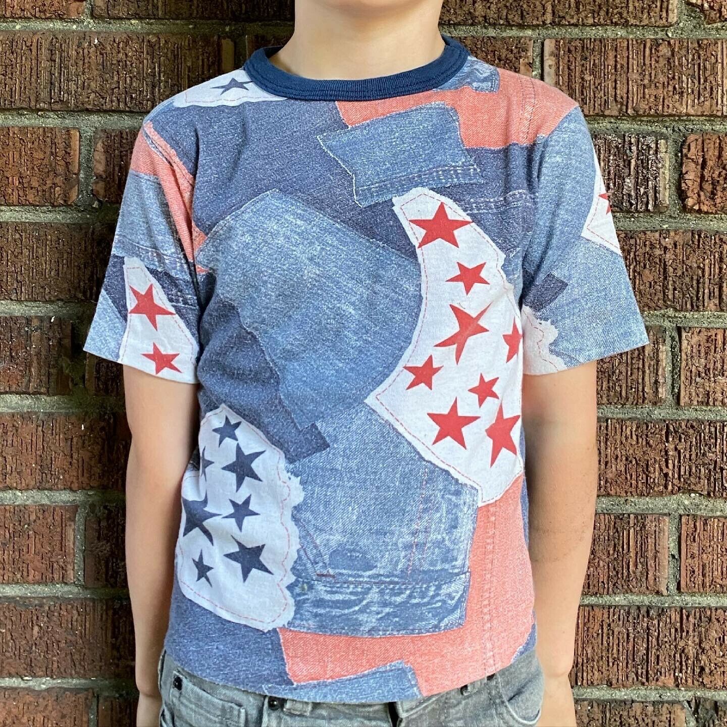 1970s/80s Kids Denim & Stars Patchwork All Over Print T-Shirt, Youth 5/6