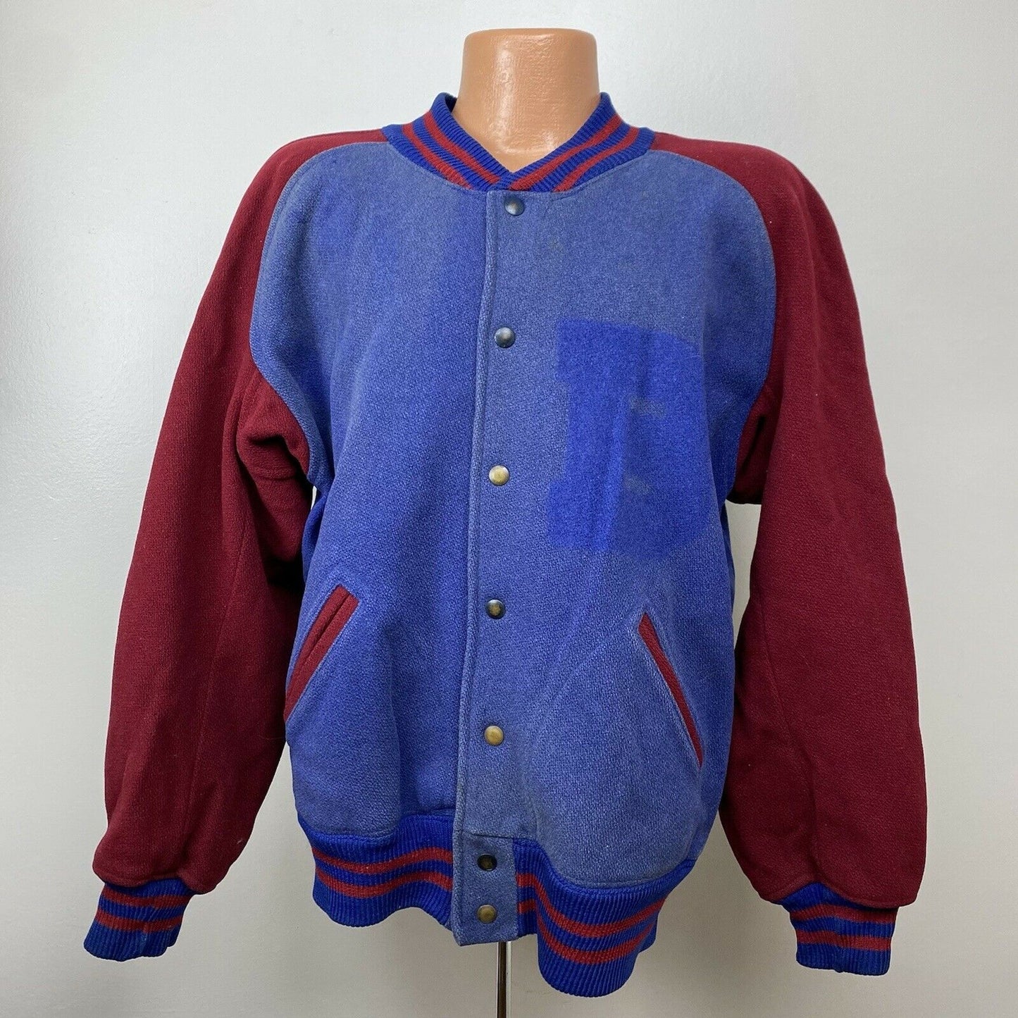 1950s Ghost Letter Jacket, Sand Knit, Size Large, Faded Blue Wool, “B. Ware”