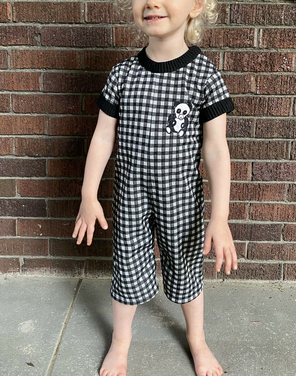 1970s Knit Panda Baby Romper, Size 6-12m, Black and White Gingham, Short Sleeve, Pants
