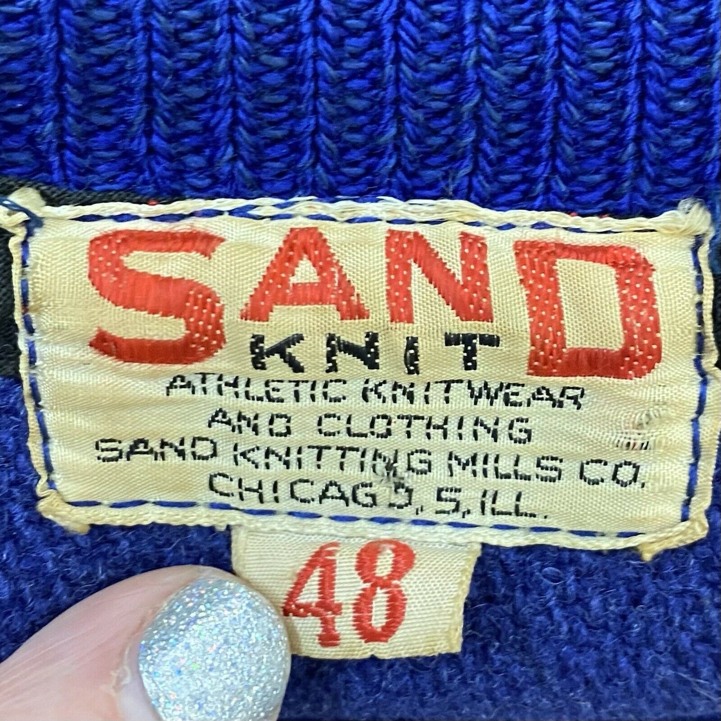 1950s Ghost Letter Jacket, Sand Knit, Size Large, Faded Blue Wool, “B. Ware”