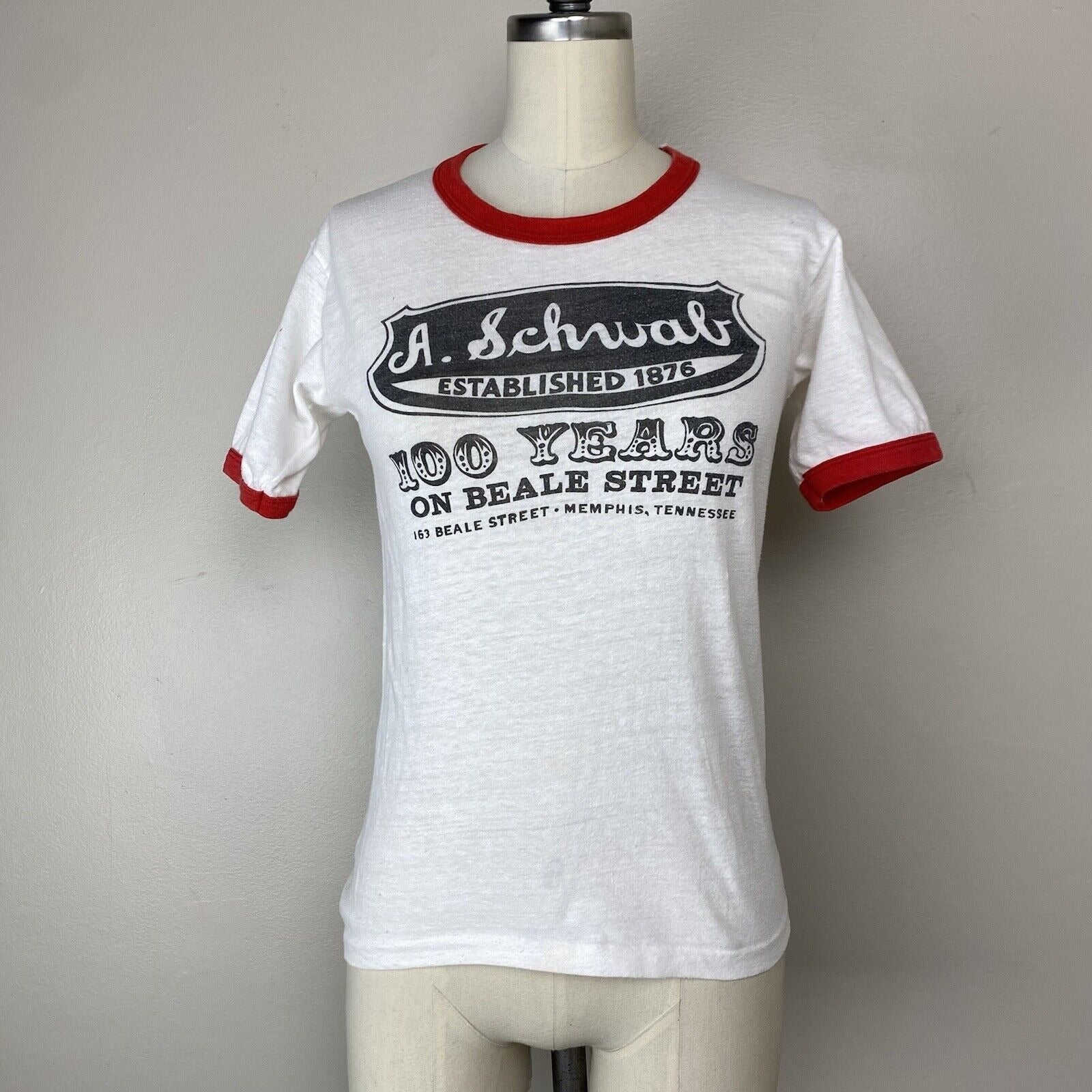 Vintage sold 1976 A Schwab 100 years T-Shirt Size XS Memphis Tennessee Beale St 1970s