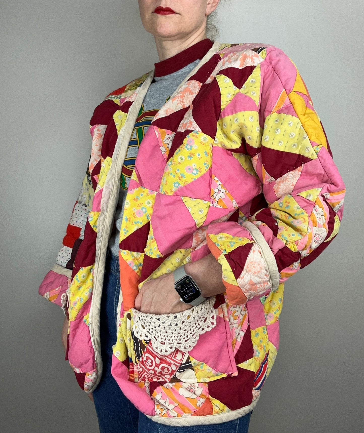 Vintage Patchwork Quilt Coat, Handmade, Size Medium