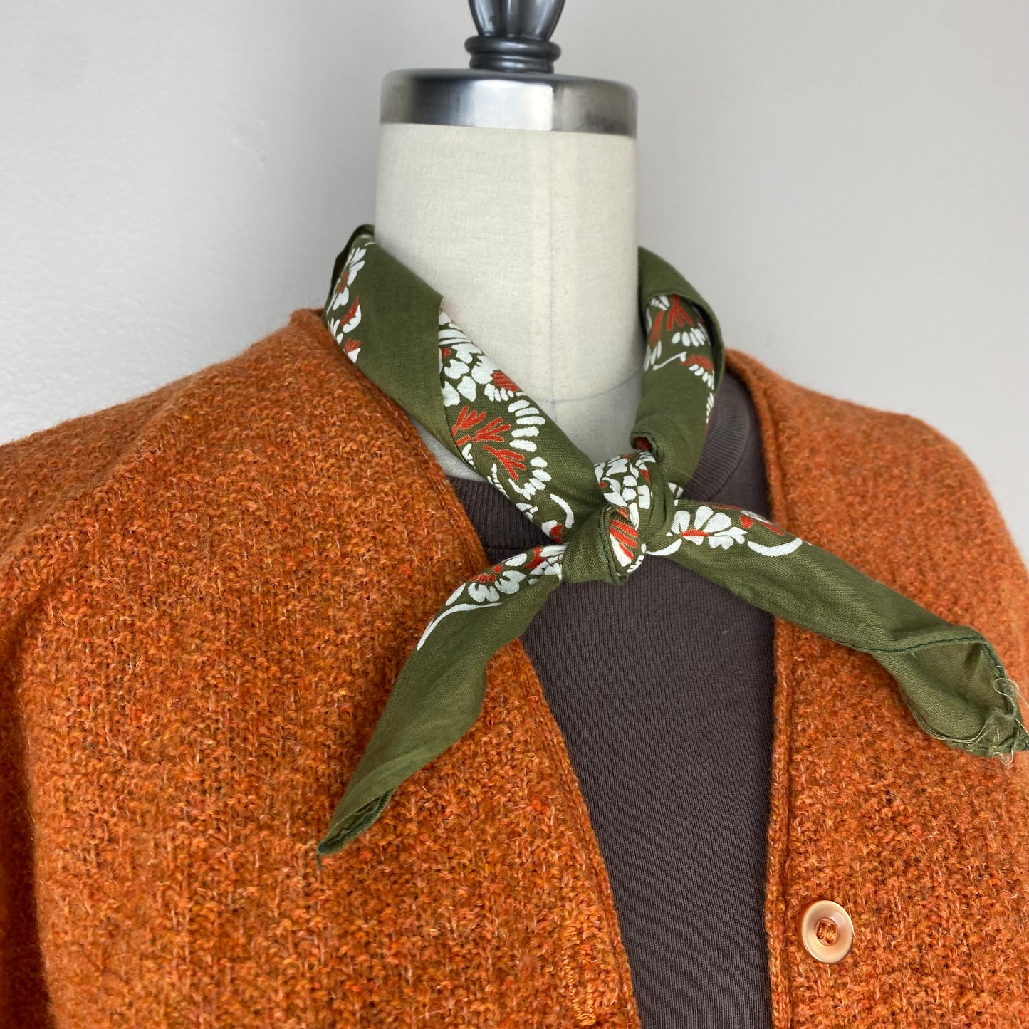 1960s Army Green Floral Bandana, RN 14193, Selvage Edge, Made in USA