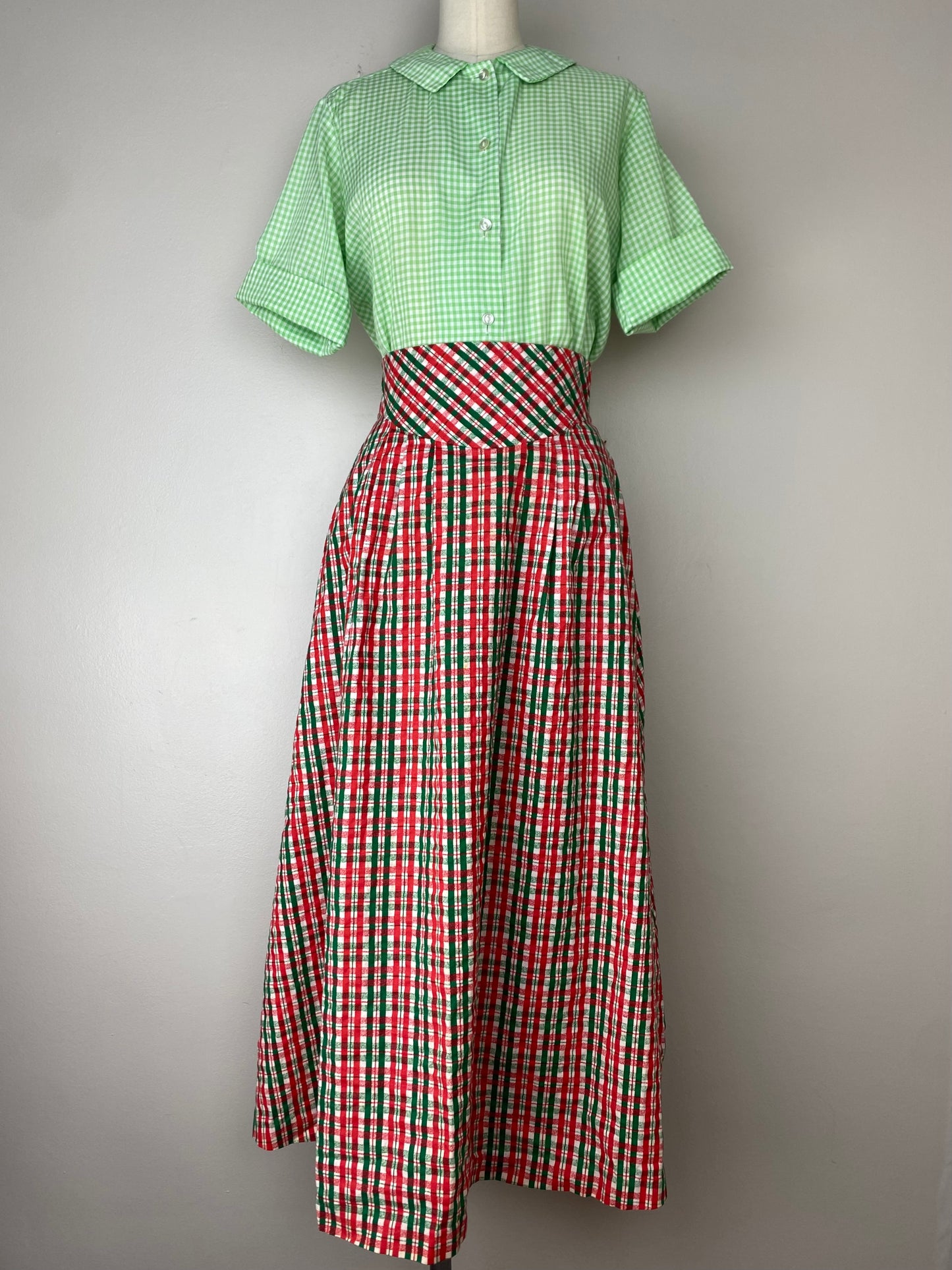 1960s Green Gingham Blouse, Hanold Size Medium, Short Sleeve