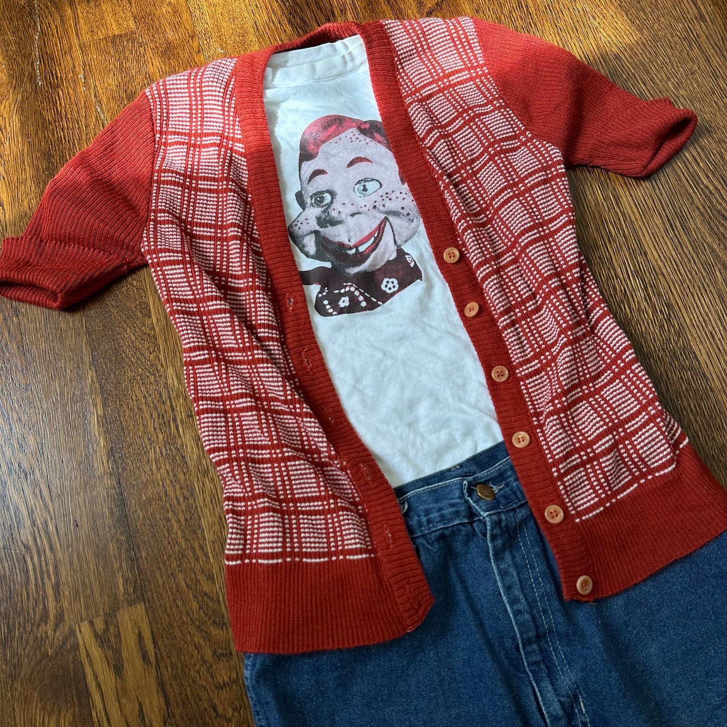 1970s Rust Plaid Short Sleeve Cardigan Sweater, Size Small
