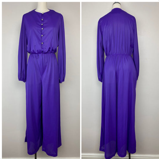 1970s Sears Loungewear Purple Nylon Jumpsuit, Size Medium