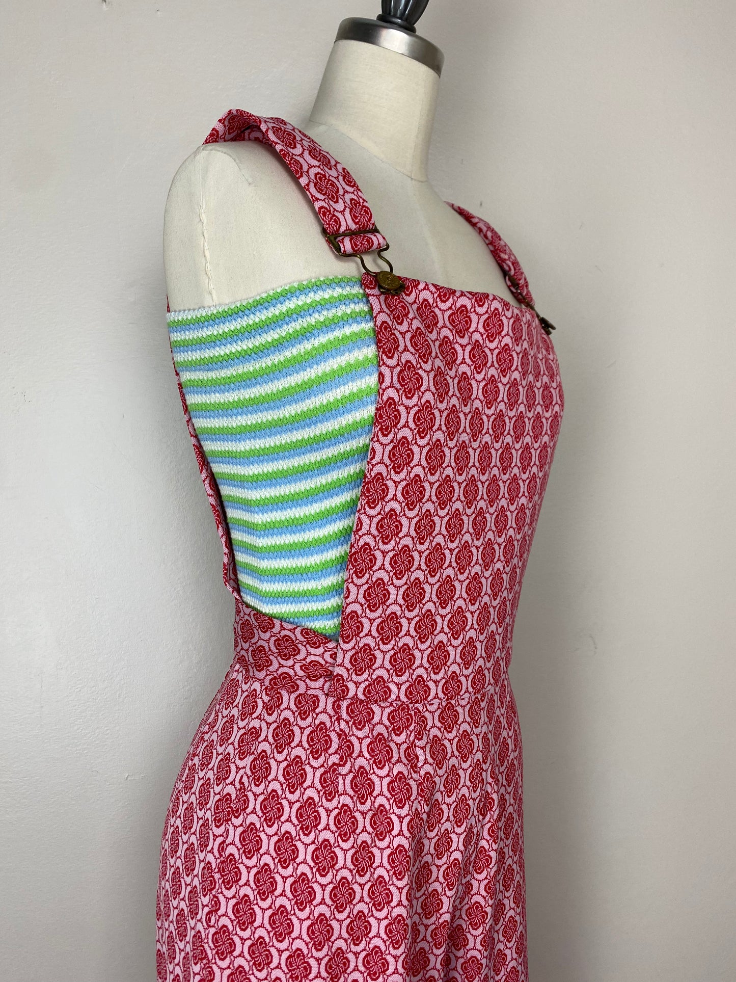 1970s Low Back Overalls, Size Small, Handmade, Red Floral Double Knit