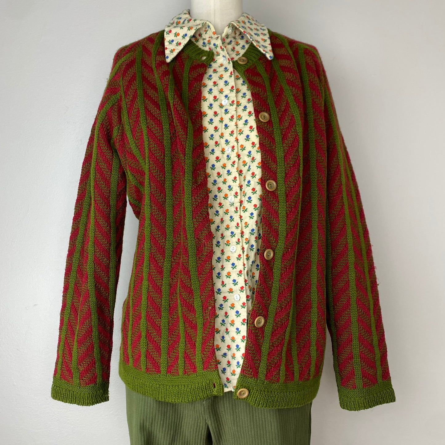 1960s Cardigan Sweater, Petti Size Medium, Berry and Olive Chevron