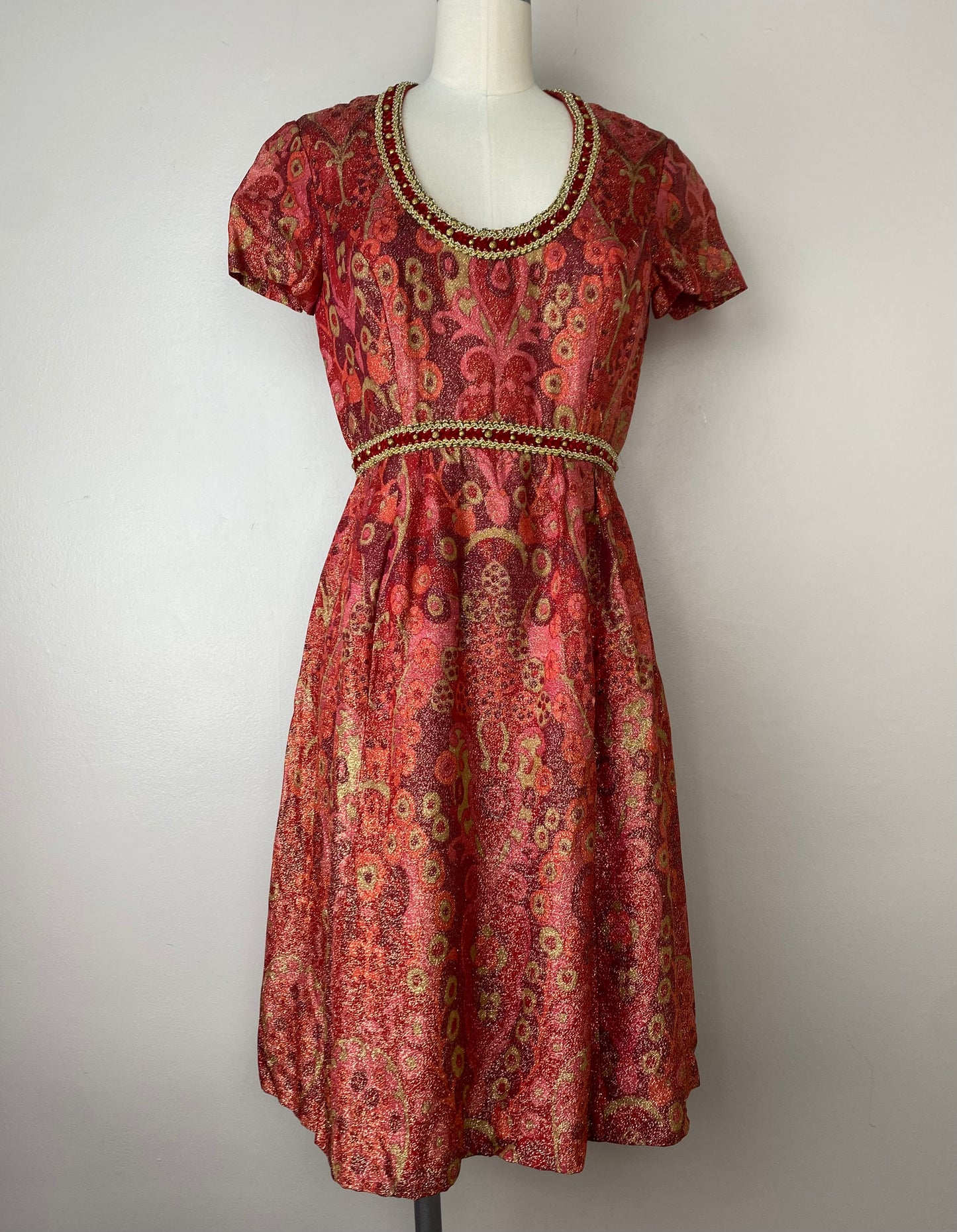 1960s Psychedelic Lurex Mini Dress, Gino Charles Size Small, Red and Gold Cocktail Dress