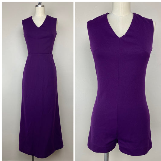 1970s Purple Romper and Maxi Skirt Set, Size XS, Convertible Outfit