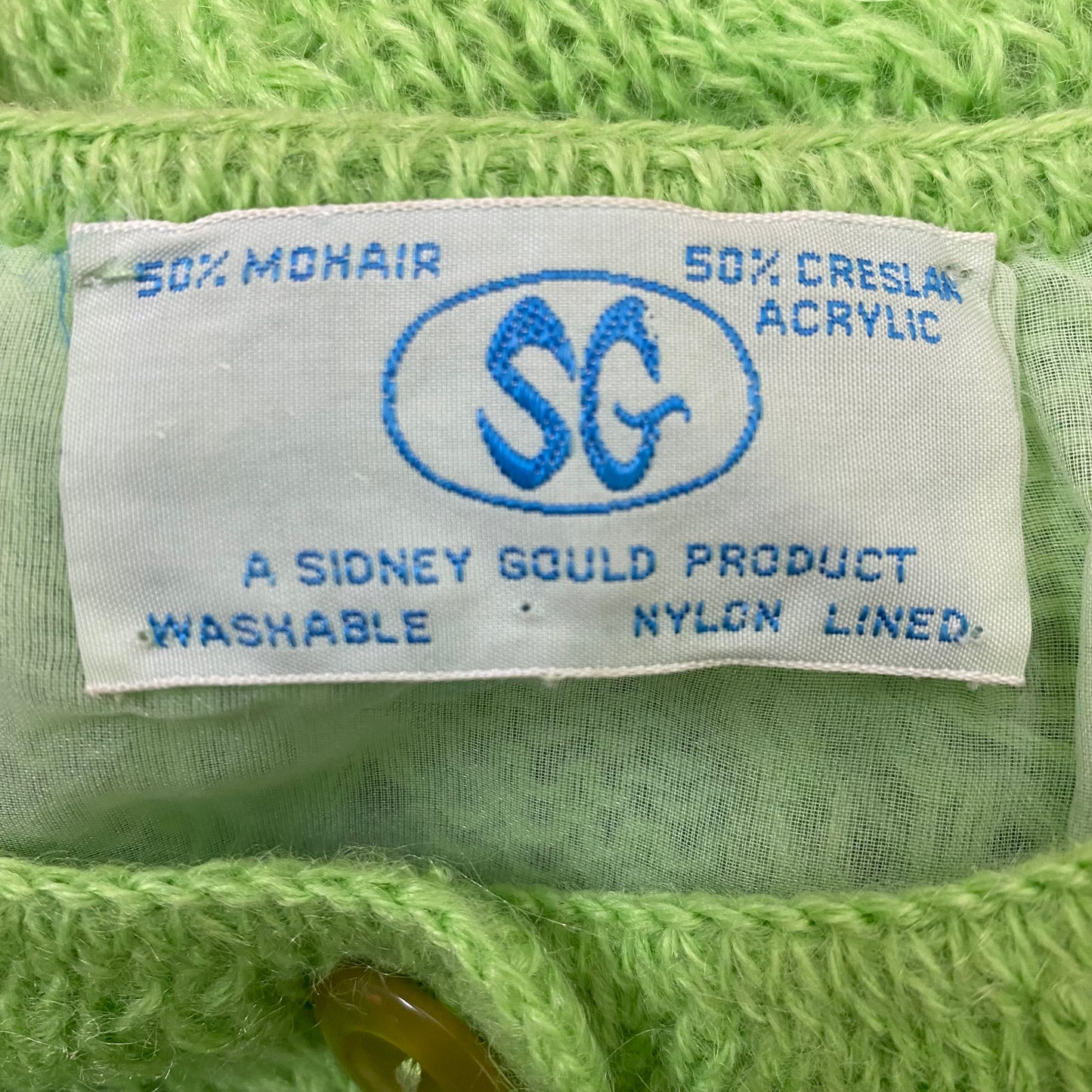 1960s Mohair Blend Cardigan, Sidney Gould, Lime Green, Size Medium